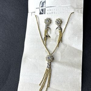 Rhinestone Dangle earrings necklace set goldtone Glam sparkle NEW romantic